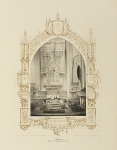 "De Promotie / MORE MAJORUM.""14 Juny 1836" druk recto in onderzijde lijstAfbeelding van een promotieplechtigheid 'more majorem' (of 'met de kap') in de Domkerk te Utrecht. Met een geornamenteerde omlijsting.