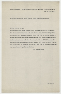 Brief von Raoul Hausmann an Westdeutscher Rundfunk AG / Walter Stern. Berlin