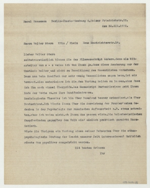 Brief von Raoul Hausmann an Westdeutscher Rundfunk AG / Walter Stern. Berlin