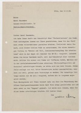 Brief von Walter Stern an Raoul Hausmann. Köln