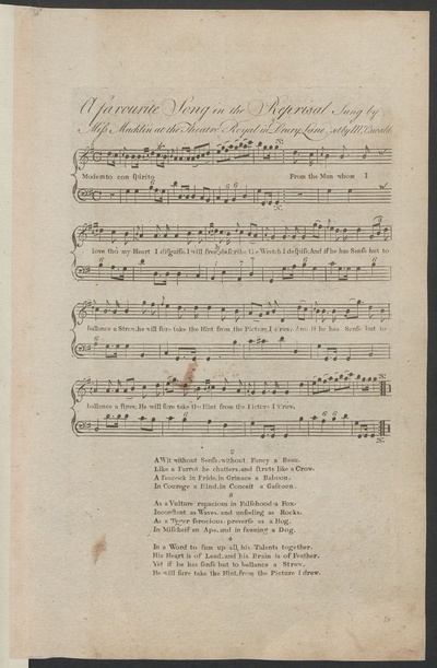 A favorite song in The reprisal: sung by Miss Macklin at the Theatre Royal in Drury Lane