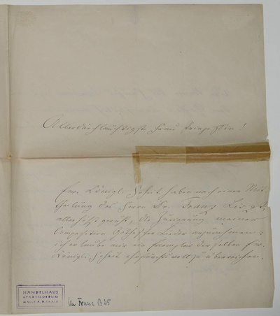 Letter from Robert Franz to Princess Augusta von Sachsen-Weimar (?)