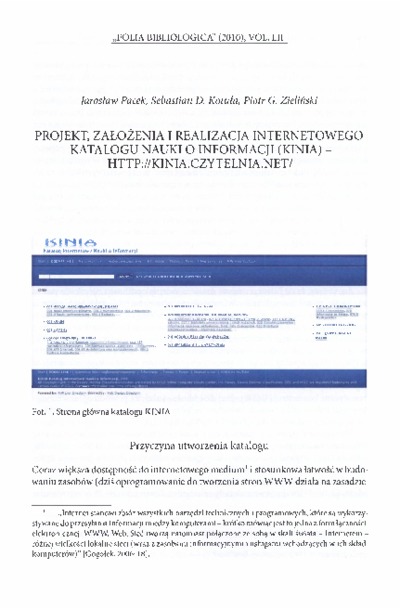 Projekt, założenia i realizacja Internetowego Katalogu Nauki o Informacji (KINIA) - http:/kinia.czytelnia.net
