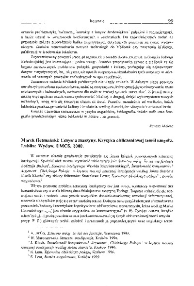 Marek Hetmański: Umysł a maszyny. Krytyka obliczeniowej teorii umysłu. Lublin: Wydaw. UMCS, 2000 [recenzja]