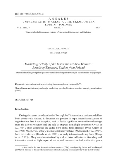 Marketing Activity of the International New Ventures. Results of Empirical Studies from Poland