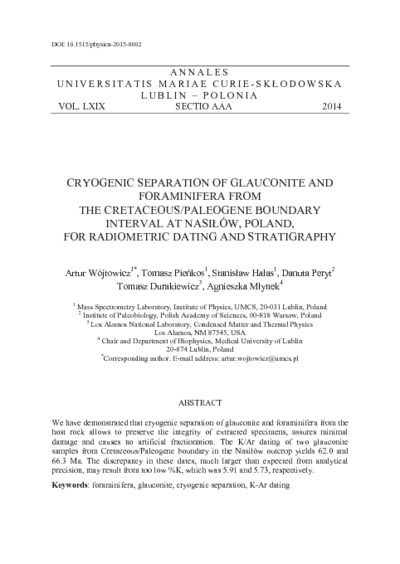 Cryogenic separation of glauconite and foraminifera from the Cretaceous/Paleogene boundary interval at Nasiłów, Poland, for radiometric dating and stratigraphy