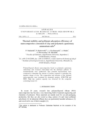 Thermal stability and pollutant adsorption efficiency of nanocomposites consisted of clay and polymeric quaternary ammonium salts