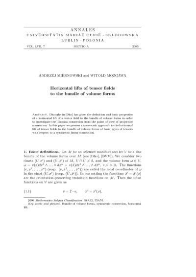 Horizontal lifts of tensor fields to the bundle of volume forms