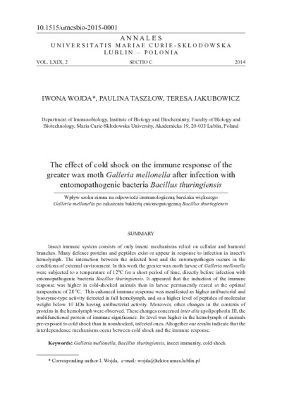 The effect of cold shock on the immune response of the greater wax moth Galleria mellonella after infection with entomopathogenic bacteria Bacillus thuringiensis