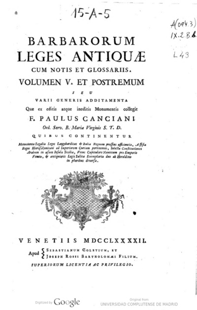 Barbarorum leges antiquae cum notis et glossariis - volumen V et postremum /