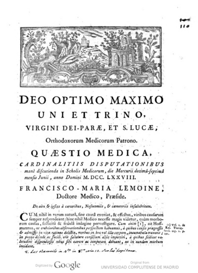 Quaestio medica, cardinalitiis disputationibus manè discutienda in Scholis Medicorum, die Mercurii decimâ-septimâ mensis Junii ... M. DCC. LXXVIII