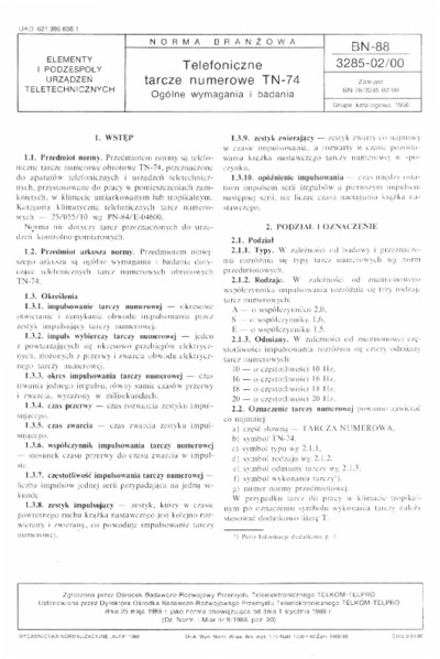 Telefoniczne tarcze numerowe TN-74 - Ogólne wymagania i badania BN-88/3285-02/00BN-3285-02-00:1988