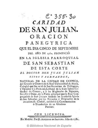Caridad de San Julian [Texto impreso] :]oracion panegyrica que el dia cinco de septiembre del año 1780