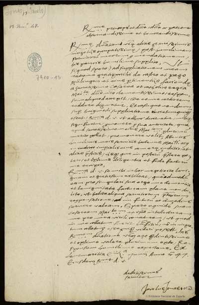 Carta de Jacobus Jonas, Vicecanciller de Bohemia, al Cardenal Granvela. 13 junio 1547 [Manuscrito]
