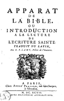 Apparat de la Bible, ou Introduction à la lecture de l'écriture Sainte