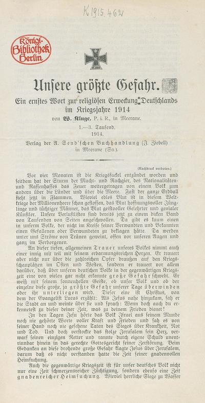 Unsere größte Gefahr ein ernstes Wort zur religiösen Erweckung Deutschlands im Kriegsjahre 1914