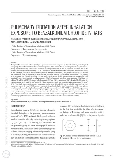 Pulmonary irritation after inhalation exposure to benzalkonium chloride in rats
