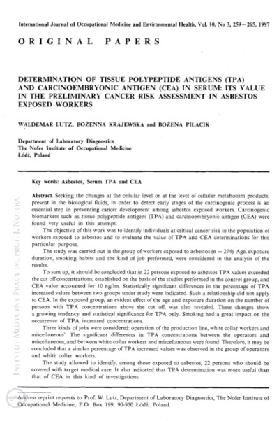 Determination of tissue polypeptide antigens (TPA) and carcinoembryonic antigen (CEA) in serum: its value in the preliminary cancer risk assessment in asbestos exposed workers
