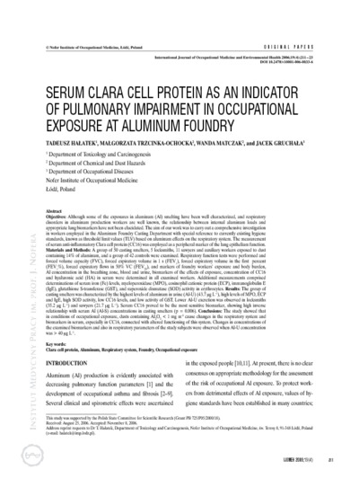 Serum clara cell protein as an indicator of pulmonary impairment in occupational exposure at aluminum foundry