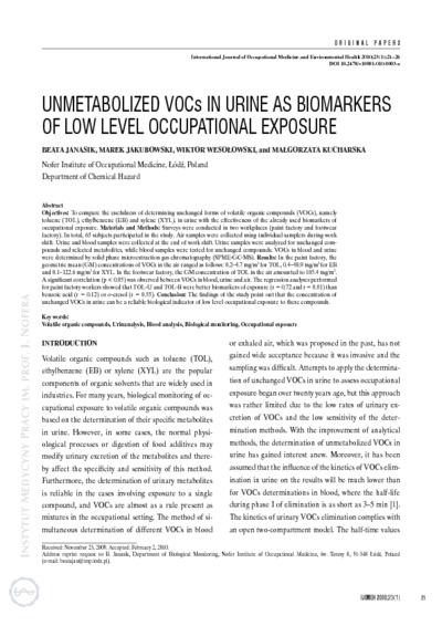 Unmetabolized VOCs in urine as biomarkers of low level occupational exposure