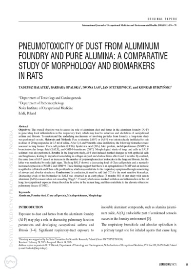 Pneumotoxicity of dust from aluminium foundry and pure alumina: a comparative study of morphology and biomarkers in rats