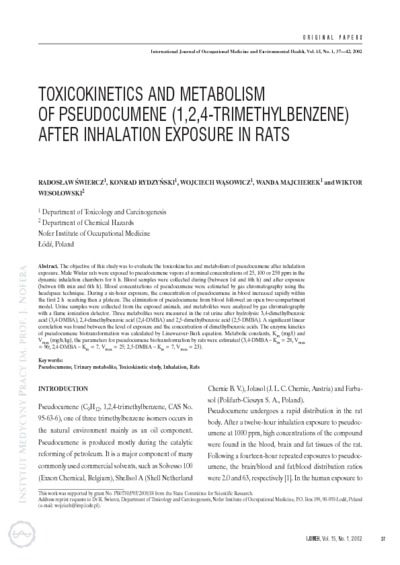 Toxicokinetics and metabolism of pseudocumene (1,2,4-trimethylbenzene) after inhalation exposure in rats