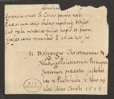 Wolfgang Jakob Christmann (1597-1631) Autographen: Albumblatt - BSB Autogr.Cim. Christmann, Wolfgang