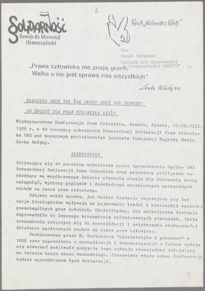Zaproszenie na Międzynarodową Konferencję Praw Człowieka mającą odbyć się w Krakowie w dniach 25-28 sierpnia 1988 r. z okazji 40. rocznicy uchwalenia Powszechnej Deklaracji Praw Człowieka ONZ [nazwa red.]