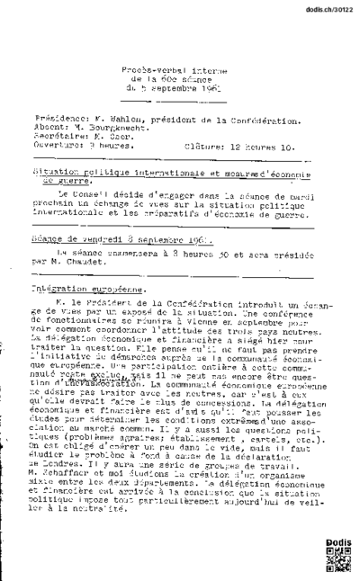Omnia Proces Verbal Interne De La Soixantieme Seance Du Conseil Federal Integration Europeenne