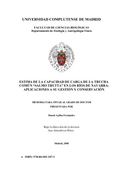 Estima de la capacidad de carga de la trucha común "salmo trutta" en los ríos de Navarra aplicaciones a su gestión y conservación