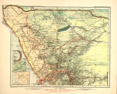 Karten Des Kriegsschauplatzes In Deutsch Sudwest Afrika Zur Veranschaulichung Des Aufstandes Der Herero Bondelzwarts Und Ovambo Mit Angabe Der Fertigen Und Geplanten Eisenbahnen Der Heliographenlinien Und Ihrer Stationen Der Militar Und Polizei