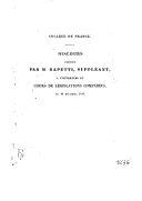 Discours prononcé par M. Rapetti,... à l'ouverture du Cours de législations comparées, le 20 décembre 1843 / Collège de France