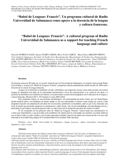“Babel de Lenguas: Francés”. Un programa cultural de Radio Universidad de Salamanca como apoyo a la docencia de la lengua y cultura francesas.