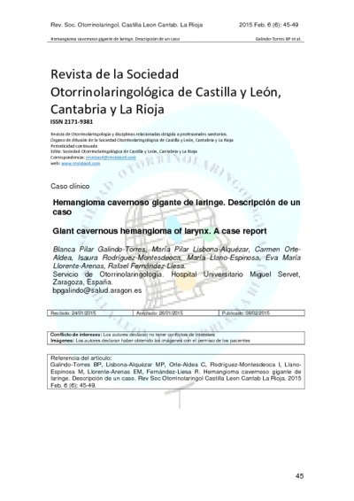 Hemangioma cavernoso gigante de laringe. Descripción de un casoGiant cavernous hemangioma of larynx. A case report