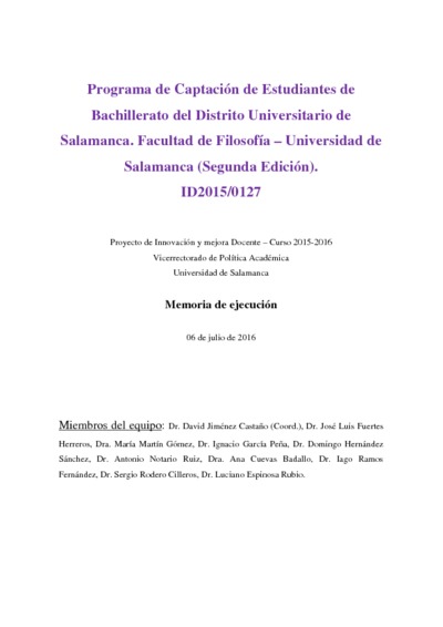 Programa de Captación de Estudiantes de Bachillerato del Distrito Universitario de Salamanca. Facultad de Filosofía, Universidad de Salamanca (Segunda Edición)