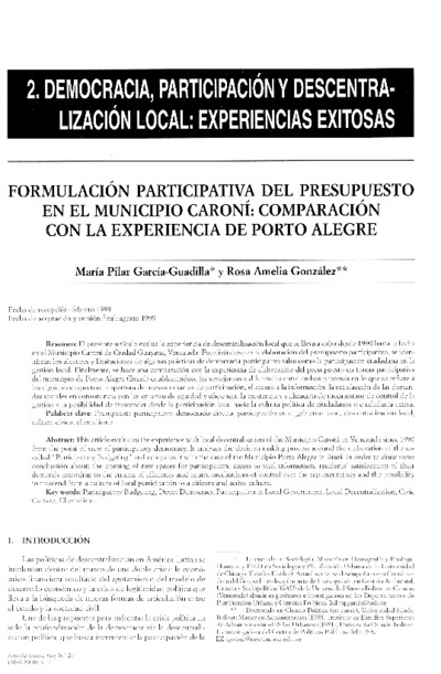 Formulación participativa del presupuesto en el municipio Caroní: comparación con la experiencia de Porto Alegre