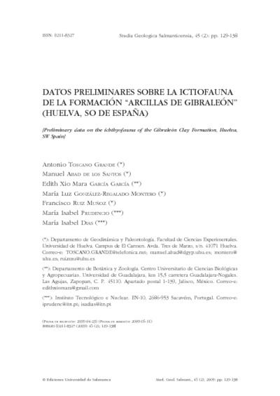 Datos preliminares sobre la ictiofauna de la Formación “Arcillas de Gibraleón” (Huelva, SO de España)Preliminary data on the ichthyofauna of the Gibraleón Clay Formation, Huelva, SW Spain
