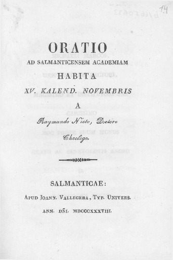 Oratio ad Salmanticensem Academiam habita XV. Kalend. Novembris