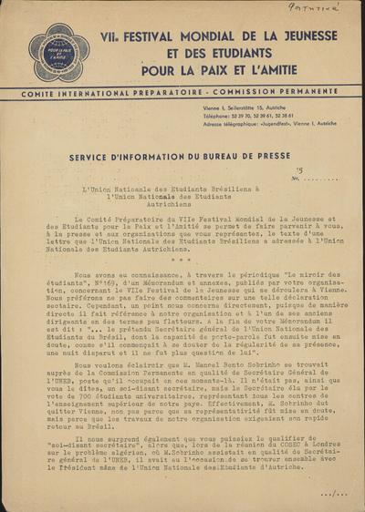 L Union Nationale des Etudiants Bresiliens a l Union Nationale des Etudiants AutrichiensAnnouncement by the International Preparatory Committee of the 7th World Youth and Students' Festival