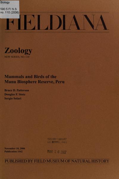 Mammals and birds of the Manu Biosphere Reserve, Peru / Bruce D. Patterson, Douglas F. Stotz, Sergio Solari.