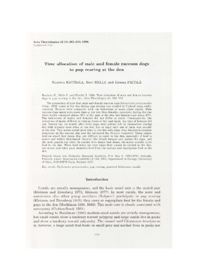 Time allocation of male and female raccoon dogs to pup rearing at the den