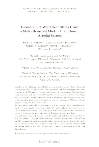 Estimation of Wall Shear Stress Using a Multi-Branched Model of the Human Arterial SystemLecture Notes / ABIOMED, 6Estimation of Wall Shear Stress Using a Multi-Branched Model of the Human Arterial SystemLecture Notes / ABIOMED, 6
