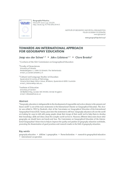 Towards an international approach for geography educationGeographia Polonica Vol. 87 No. 2 (2014)Towards an international approach for geography educationGeographia Polonica Vol. 87 No. 2 (2014)