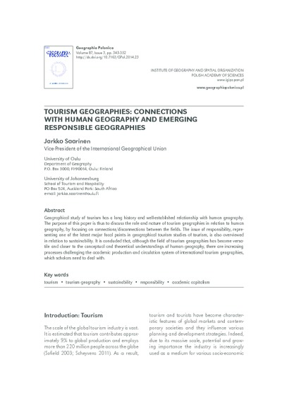 Tourism Geographies: Connections with human geography and emerging responsible geographiesGeographia Polonica Vol. 87 No. 3 (2014)Tourism Geographies: Connections with human geography and emerging responsible geographiesGeographia Polonica Vol. 87 No. 3 (2014)