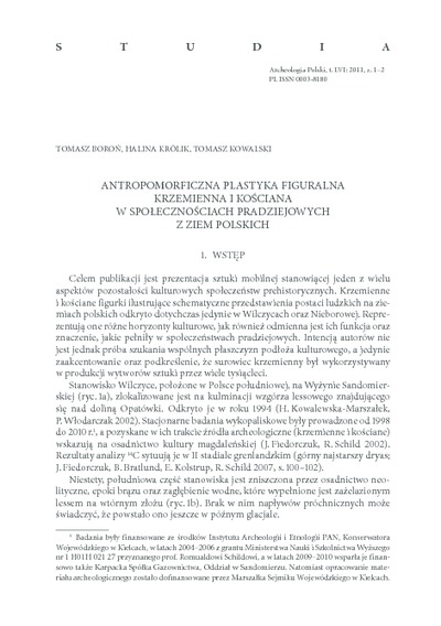 Antropomorficzna plastyka figuralna krzemienna i kościana w społecznościach pradziejowych z ziem polskichArcheologia Polski T. 56 Z. 1-2 (2011)