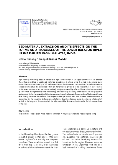 Bed material extraction and its effects on the forms and processes of the lower Balason River in the Darjeeling Himalayas, IndiaGeographia Polonica - forthcoming