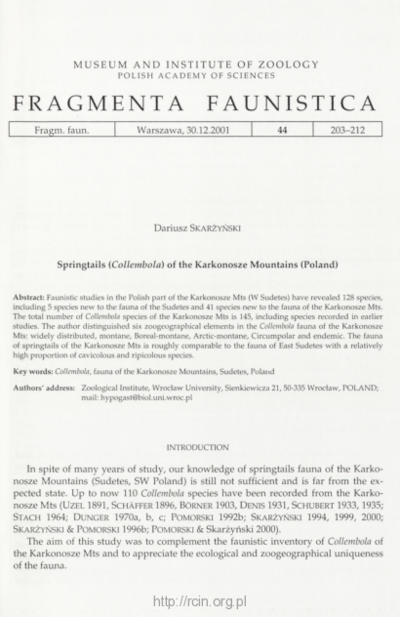 Springtails (Collembola) of the Karkonosze Mountains (Poland)Collembola of Karkonosze MtsFragmenta Faunistica, vol. 44, no. 2Skoczogonki (Collembola) Karkonoszy
