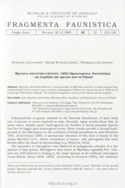 Myrmica microrubra Seifert, 1993 (Hymenoptera, Formicidae) - an inquiline ant species new to PolandFragmenta Faunistica, vol. 42, no. 12Myrmica microrubra Seifert, 1993 (Hymenoptera, Formicidae) - nowy dla Polski inkwilinistyczny gatunek mrówki