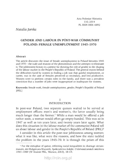 Gender and Labour in Post-War Communist Poland: Female Unemployment 1945–1970Acta Poloniae Historica. T. 110 (2014)Gender and Labour in Post-War Communist Poland: Female Unemployment 1945–1970Acta Poloniae Historica. T. 110 (2014)
