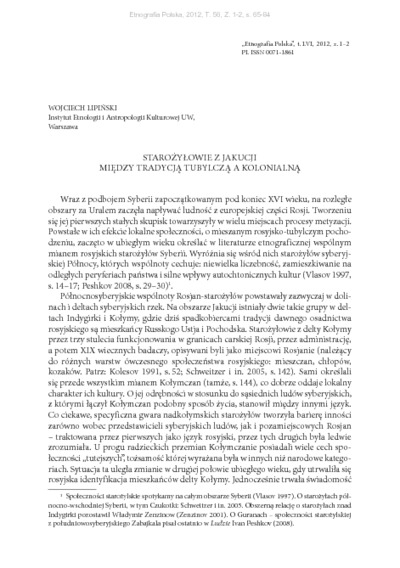 Starożyłowie z Jakucji między tradycją tubylczą a kolonialnąEtnografia Polska 56 Z. 1-2 (2012)